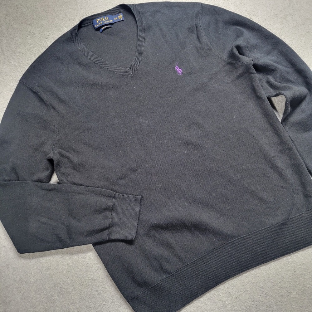 Polo Ralph Lauren Sweater Mens Black Size Large Pima Cotton Purple Pony V Neck - Picture 3 of 12